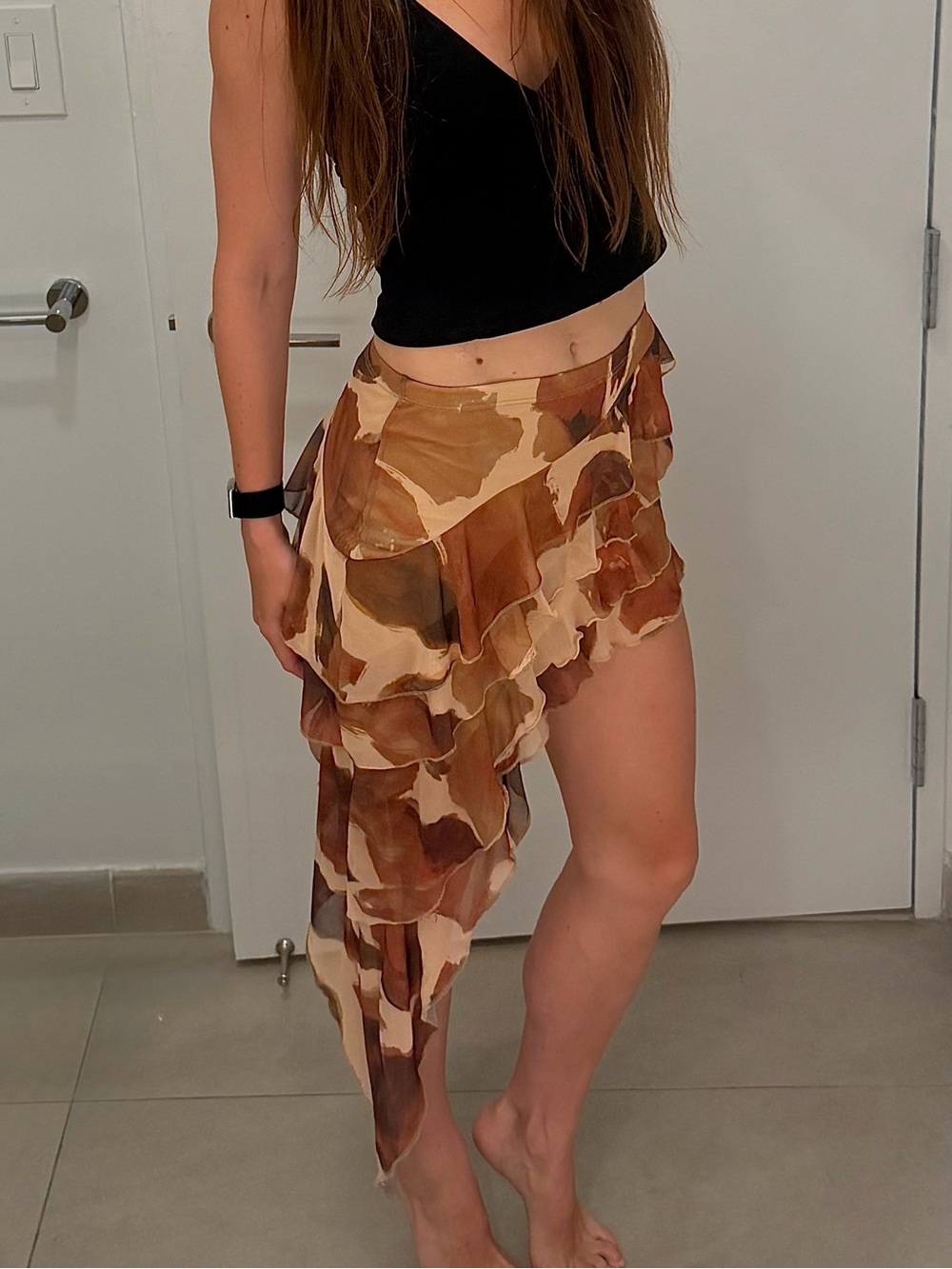 Brown Mesh Watercolor Asymmetrical Ruffle Skirt